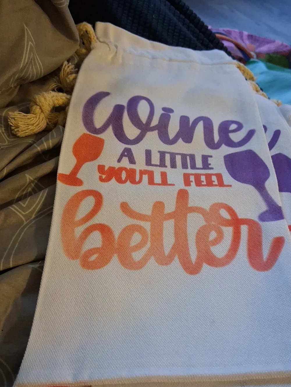 Canvas Wine Gift Bag - 'Wine A Little' Print in Purple & Orange
